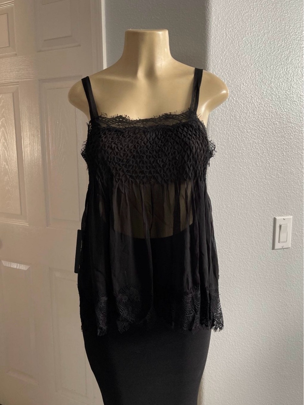 New Bebe size M Sheer Lace-Trim Black Cami Top